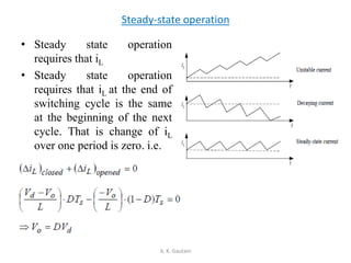 Steady-state operation
• Steady state operation
requires that iL
• Steady state operation
requires that iL at the end of
switching cycle is the same
at the beginning of the next
cycle. That is change of iL
over one period is zero. i.e.
A. K. Gautam
 