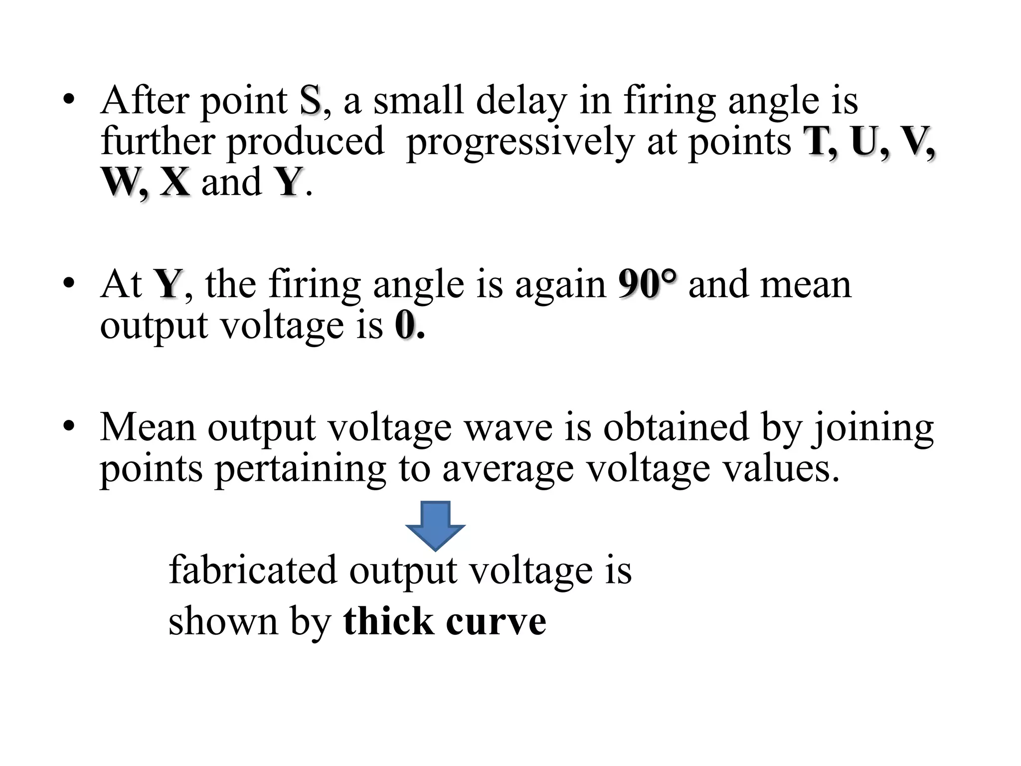 • After point S, a small delay in firing angle is
further produced progressively at points T, U, V,
W, X and Y.
• At Y, the firing angle is again 90° and mean
output voltage is 0.
• Mean output voltage wave is obtained by joining
points pertaining to average voltage values.
fabricated output voltage is
shown by thick curve
 