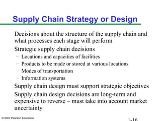 Supply Chain Strategy or Design
         Decisions about the structure of the supply chain and
         what processes each stage will perform
         Strategic supply chain decisions
          –   Locations and capacities of facilities
          –   Products to be made or stored at various locations
          –   Modes of transportation
          –   Information systems
         Supply chain design must support strategic objectives
         Supply chain design decisions are long-term and
         expensive to reverse – must take into account market
         uncertainty
© 2007 Pearson Education
 