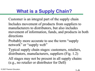 What is a Supply Chain?
         Customer is an integral part of the supply chain
         Includes movement of products from suppliers to
         manufacturers to distributors, but also includes
         movement of information, funds, and products in both
         directions
         Probably more accurate to use the term “supply
         network” or “supply web”
         Typical supply chain stages: customers, retailers,
         distributors, manufacturers, suppliers (Fig. 1.2)
         All stages may not be present in all supply chains
         (e.g., no retailer or distributor for Dell)
© 2007 Pearson Education
 