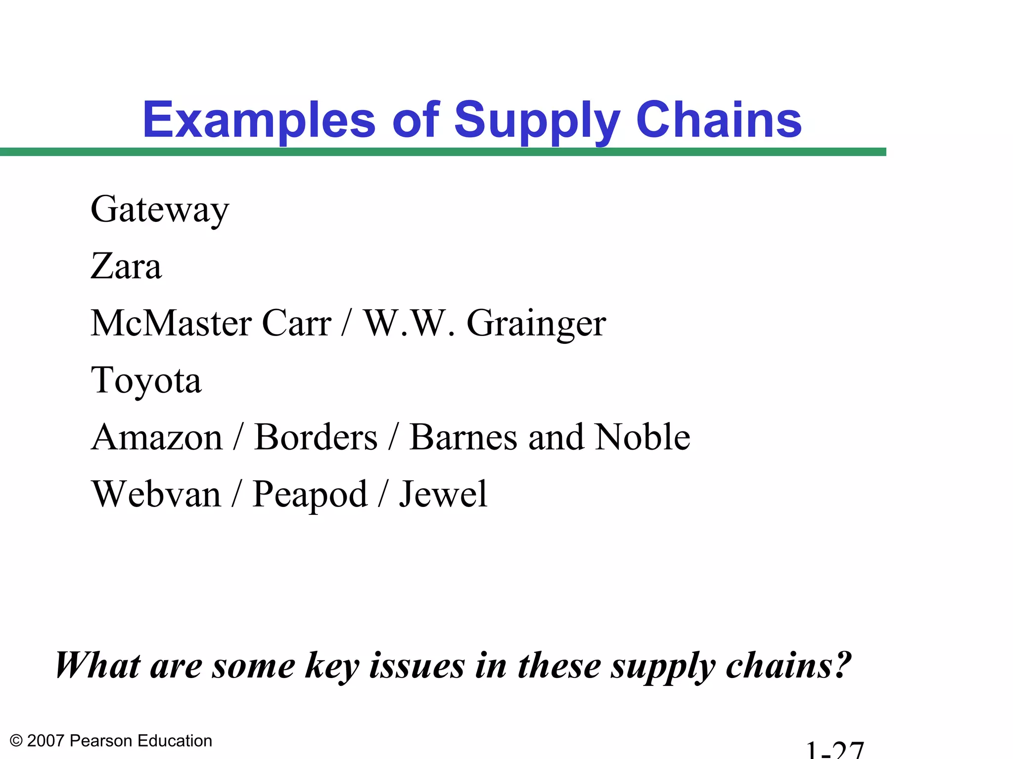 © 2007 Pearson Education
Examples of Supply Chains
Gateway
Zara
McMaster Carr / W.W. Grainger
Toyota
Amazon / Borders / Barnes and Noble
Webvan / Peapod / Jewel
What are some key issues in these supply chains?
 