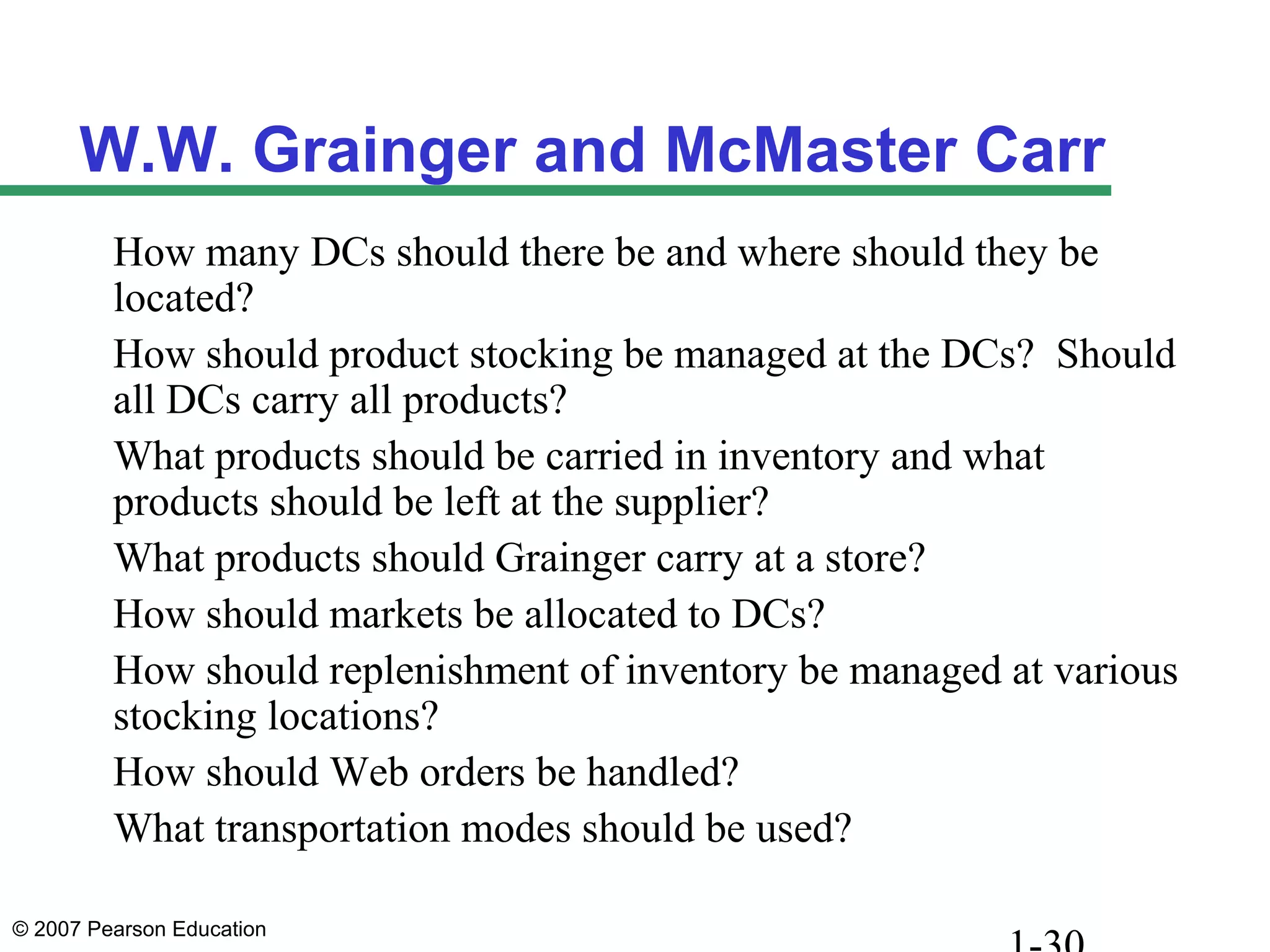 © 2007 Pearson Education
W.W. Grainger and McMaster Carr
How many DCs should there be and where should they be
located?
How should product stocking be managed at the DCs? Should
all DCs carry all products?
What products should be carried in inventory and what
products should be left at the supplier?
What products should Grainger carry at a store?
How should markets be allocated to DCs?
How should replenishment of inventory be managed at various
stocking locations?
How should Web orders be handled?
What transportation modes should be used?
 