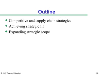 © 2007 Pearson Education 2-2
Outline
 Competitive and supply chain strategies
 Achieving strategic fit
 Expanding strategic scope
 
