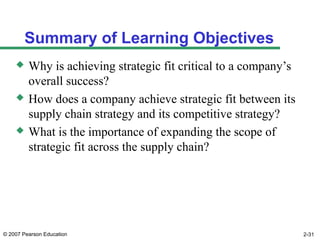 © 2007 Pearson Education 2-31
Summary of Learning Objectives
 Why is achieving strategic fit critical to a company’s
overall success?
 How does a company achieve strategic fit between its
supply chain strategy and its competitive strategy?
 What is the importance of expanding the scope of
strategic fit across the supply chain?
 