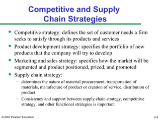 © 2007 Pearson Education 2-4
Competitive and Supply
Chain Strategies
 Competitive strategy: defines the set of customer needs a firm
seeks to satisfy through its products and services
 Product development strategy: specifies the portfolio of new
products that the company will try to develop
 Marketing and sales strategy: specifies how the market will be
segmented and product positioned, priced, and promoted
 Supply chain strategy:
– determines the nature of material procurement, transportation of
materials, manufacture of product or creation of service, distribution of
product
– Consistency and support between supply chain strategy, competitive
strategy, and other functional strategies is important
 