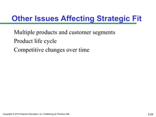 Other Issues Affecting Strategic Fit
           Multiple products and customer segments
           Product life cycle
           Competitive changes over time




Copyright © 2010 Pearson Education, Inc. Publishing as Prentice Hall.   2-24
 