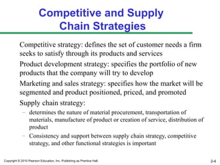 Competitive and Supply
                            Chain Strategies
           Competitive strategy: defines the set of customer needs a firm
           seeks to satisfy through its products and services
           Product development strategy: specifies the portfolio of new
           products that the company will try to develop
           Marketing and sales strategy: specifies how the market will be
           segmented and product positioned, priced, and promoted
           Supply chain strategy:
             – determines the nature of material procurement, transportation of
               materials, manufacture of product or creation of service, distribution of
               product
             – Consistency and support between supply chain strategy, competitive
               strategy, and other functional strategies is important

Copyright © 2010 Pearson Education, Inc. Publishing as Prentice Hall.                      2-4
 
