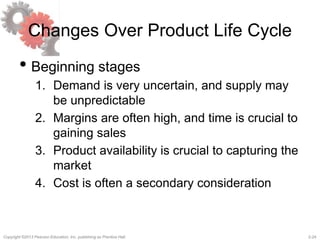 2-24Copyright ©2013 Pearson Education, Inc. publishing as Prentice Hall.
Changes Over Product Life Cycle
• Beginning stages
1. Demand is very uncertain, and supply may
be unpredictable
2. Margins are often high, and time is crucial to
gaining sales
3. Product availability is crucial to capturing the
market
4. Cost is often a secondary consideration
 