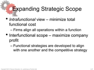 2-27Copyright ©2013 Pearson Education, Inc. publishing as Prentice Hall.
Expanding Strategic Scope
• Intrafunctional view – minimize total
functional cost
– Firms align all operations within a function
• Interfunctional scope – maximize company
profit
– Functional strategies are developed to align
with one another and the competitive strategy
 