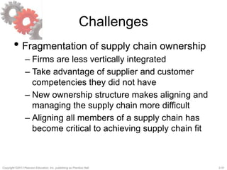 2-31Copyright ©2013 Pearson Education, Inc. publishing as Prentice Hall.
Challenges
• Fragmentation of supply chain ownership
– Firms are less vertically integrated
– Take advantage of supplier and customer
competencies they did not have
– New ownership structure makes aligning and
managing the supply chain more difficult
– Aligning all members of a supply chain has
become critical to achieving supply chain fit
 