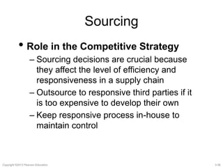 Sourcing 
• Role in the Competitive Strategy 
– Sourcing decisions are crucial because 
they affect the level of efficiency and 
responsiveness in a supply chain 
– Outsource to responsive third parties if it 
is too expensive to develop their own 
– Keep responsive process in-house to 
maintain control 
Copyright ©2013 Pearson Education. 3-38 
 