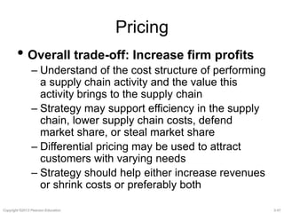 Pricing 
• Overall trade-off: Increase firm profits 
– Understand of the cost structure of performing 
a supply chain activity and the value this 
activity brings to the supply chain 
– Strategy may support efficiency in the supply 
chain, lower supply chain costs, defend 
market share, or steal market share 
– Differential pricing may be used to attract 
customers with varying needs 
– Strategy should help either increase revenues 
or shrink costs or preferably both 
Copyright ©2013 Pearson Education. 3-47 
 
