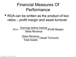 Financial Measures Of 
Performance 
• ROA can be written as the product of two 
ratios – profit margin and asset turnover 
ROA = 
Earnings before interest 
Sales Revenue 
(Profit Margin) 
´ 
Sales Revenue 
Total Assets 
(Asset Turnover) 
Copyright ©2013 Pearson Education. 3-7 
 