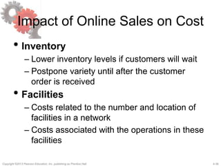 4-36Copyright ©2013 Pearson Education, Inc. publishing as Prentice Hall.
Impact of Online Sales on Cost
• Inventory
– Lower inventory levels if customers will wait
– Postpone variety until after the customer
order is received
• Facilities
– Costs related to the number and location of
facilities in a network
– Costs associated with the operations in these
facilities
 