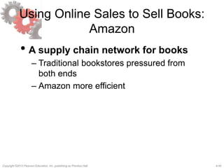 4-45Copyright ©2013 Pearson Education, Inc. publishing as Prentice Hall.
Using Online Sales to Sell Books:
Amazon
• A supply chain network for books
– Traditional bookstores pressured from
both ends
– Amazon more efficient
 