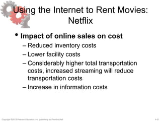 4-51Copyright ©2013 Pearson Education, Inc. publishing as Prentice Hall.
Using the Internet to Rent Movies:
Netflix
• Impact of online sales on cost
– Reduced inventory costs
– Lower facility costs
– Considerably higher total transportation
costs, increased streaming will reduce
transportation costs
– Increase in information costs
 
