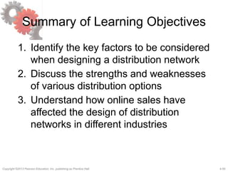 4-55Copyright ©2013 Pearson Education, Inc. publishing as Prentice Hall.
Summary of Learning Objectives
1. Identify the key factors to be considered
when designing a distribution network
2. Discuss the strengths and weaknesses
of various distribution options
3. Understand how online sales have
affected the design of distribution
networks in different industries
 