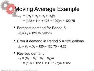 7-23Copyright ©2013 Pearson Education, Inc. publishing as Prentice Hall.
Moving Average Example
L4 = (D4 + D3 + D2 + D1)/4
= (122 + 114 + 127 + 120)/4 = 120.75
• Forecast demand for Period 5
F5 = L4 = 120.75 gallons
• Error if demand in Period 5 = 125 gallons
E5 = F5 – D5 = 125 – 120.75 = 4.25
• Revised demand
L5 = (D5 + D4 + D3 + D2)/4
= (125 + 122 + 114 + 127)/4 = 122
 