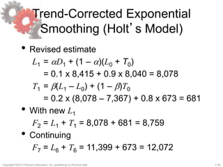 7-30Copyright ©2013 Pearson Education, Inc. publishing as Prentice Hall.
Trend-Corrected Exponential
Smoothing (Holt’s Model)
• Revised estimate
L1 = aD1 + (1 – a)(L0 + T0)
= 0.1 x 8,415 + 0.9 x 8,040 = 8,078
T1 = b(L1 – L0) + (1 – b)T0
= 0.2 x (8,078 – 7,367) + 0.8 x 673 = 681
• With new L1
F2 = L1 + T1 = 8,078 + 681 = 8,759
• Continuing
F7 = L6 + T6 = 11,399 + 673 = 12,072
 