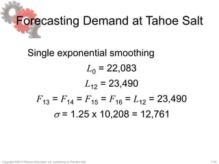 7-43Copyright ©2013 Pearson Education, Inc. publishing as Prentice Hall.
Forecasting Demand at Tahoe Salt
Single exponential smoothing
L0 = 22,083
L12 = 23,490
F13 = F14 = F15 = F16 = L12 = 23,490
s = 1.25 x 10,208 = 12,761
 
