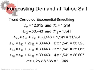 7-45Copyright ©2013 Pearson Education, Inc. publishing as Prentice Hall.
Forecasting Demand at Tahoe Salt
Trend-Corrected Exponential Smoothing
L0 = 12,015 and T0 = 1,549
L12 = 30,443 and T12 = 1,541
F13 = L12 + T12 = 30,443 + 1,541 = 31,984
F14 = L12 + 2T12 = 30,443 + 2 x 1,541 = 33,525
F15 = L12 + 3T12 = 30,443 + 3 x 1,541 = 35,066
F16 = L12 + 4T12 = 30,443 + 4 x 1,541 = 36,607
s = 1.25 x 8,836 = 11,045
 