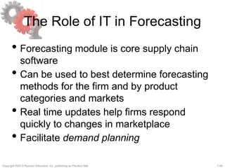 7-49Copyright ©2013 Pearson Education, Inc. publishing as Prentice Hall.
The Role of IT in Forecasting
• Forecasting module is core supply chain
software
• Can be used to best determine forecasting
methods for the firm and by product
categories and markets
• Real time updates help firms respond
quickly to changes in marketplace
• Facilitate demand planning
 