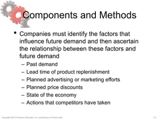 7-5Copyright ©2013 Pearson Education, Inc. publishing as Prentice Hall.
Components and Methods
• Companies must identify the factors that
influence future demand and then ascertain
the relationship between these factors and
future demand
– Past demand
– Lead time of product replenishment
– Planned advertising or marketing efforts
– Planned price discounts
– State of the economy
– Actions that competitors have taken
 