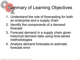 7-52Copyright ©2013 Pearson Education, Inc. publishing as Prentice Hall.
Summary of Learning Objectives
1. Understand the role of forecasting for both
an enterprise and a supply chain
2. Identify the components of a demand
forecast
3. Forecast demand in a supply chain given
historical demand data using time-series
methodologies
4. Analyze demand forecasts to estimate
forecast error
 
