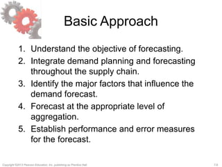 7-8Copyright ©2013 Pearson Education, Inc. publishing as Prentice Hall.
Basic Approach
1. Understand the objective of forecasting.
2. Integrate demand planning and forecasting
throughout the supply chain.
3. Identify the major factors that influence the
demand forecast.
4. Forecast at the appropriate level of
aggregation.
5. Establish performance and error measures
for the forecast.
 