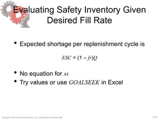 12-22Copyright ©2013 Pearson Education, Inc. publishing as Prentice Hall.
Evaluating Safety Inventory Given
Desired Fill Rate
• Expected shortage per replenishment cycle is
ESC = (1 – fr)Q
• No equation for ss
• Try values or use GOALSEEK in Excel
 