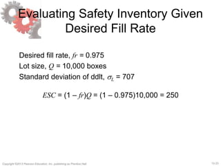 12-23Copyright ©2013 Pearson Education, Inc. publishing as Prentice Hall.
Evaluating Safety Inventory Given
Desired Fill Rate
Desired fill rate, fr = 0.975
Lot size, Q = 10,000 boxes
Standard deviation of ddlt, sL = 707
ESC = (1 – fr)Q = (1 – 0.975)10,000 = 250
 