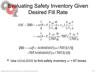 12-24Copyright ©2013 Pearson Education, Inc. publishing as Prentice Hall.
Evaluating Safety Inventory Given
Desired Fill Rate
ESC = 250 = –ss 1– Fs
ss
sL
æ
è
ç
ö
ø
÷
é
ë
ê
ê
ù
û
ú
ú
+sL
fs
ss
sL
æ
è
ç
ö
ø
÷
= –ss 1– Fs
ss
707
æ
è
ç
ö
ø
÷
é
ë
ê
ù
û
ú+ 707 fs
ss
707
æ
è
ç
ö
ø
÷
250 = –ss[1– NORMDIST(ss / 707,0,1,1)]
+707NORMDIST(ss / 707,0,1,0)
• Use GOALSEEK to find safety inventory ss = 67 boxes
 