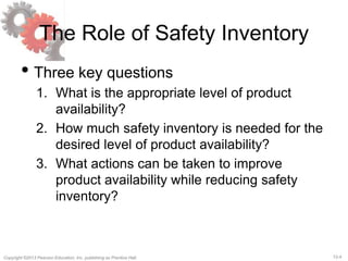 12-4Copyright ©2013 Pearson Education, Inc. publishing as Prentice Hall.
The Role of Safety Inventory
• Three key questions
1. What is the appropriate level of product
availability?
2. How much safety inventory is needed for the
desired level of product availability?
3. What actions can be taken to improve
product availability while reducing safety
inventory?
 
