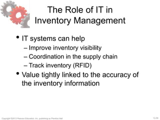 12-59Copyright ©2013 Pearson Education, Inc. publishing as Prentice Hall.
The Role of IT in
Inventory Management
• IT systems can help
– Improve inventory visibility
– Coordination in the supply chain
– Track inventory (RFID)
• Value tightly linked to the accuracy of
the inventory information
 
