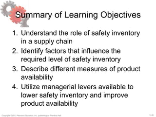 12-61Copyright ©2013 Pearson Education, Inc. publishing as Prentice Hall.
Summary of Learning Objectives
1. Understand the role of safety inventory
in a supply chain
2. Identify factors that influence the
required level of safety inventory
3. Describe different measures of product
availability
4. Utilize managerial levers available to
lower safety inventory and improve
product availability
 