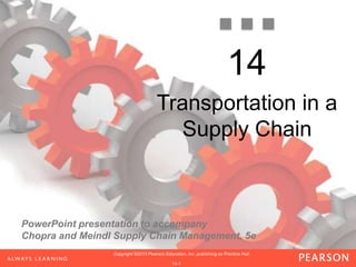 PowerPoint presentation to accompany
Chopra and Meindl Supply Chain Management, 5e
1-1
Copyright ©2013 Pearson Education, Inc. publishing as Prentice Hall.Copyright ©2013 Pearson Education, Inc. publishing as Prentice Hall.Copyright ©2013 Pearson Education, Inc. publishing as Prentice Hall.
1-1
Copyright ©2013 Pearson Education, Inc. publishing as Prentice Hall.
1-1
Copyright ©2013 Pearson Education, Inc. publishing as Prentice Hall.
14-1
Copyright ©2013 Pearson Education, Inc. publishing as Prentice Hall.
14
Transportation in a
Supply Chain
 