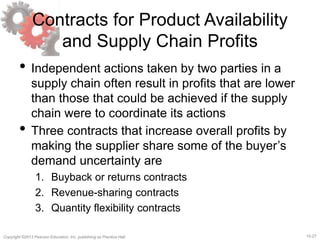 15-27Copyright ©2013 Pearson Education, Inc. publishing as Prentice Hall.
Contracts for Product Availability
and Supply Chain Profits
• Independent actions taken by two parties in a
supply chain often result in profits that are lower
than those that could be achieved if the supply
chain were to coordinate its actions
• Three contracts that increase overall profits by
making the supplier share some of the buyer’s
demand uncertainty are
1. Buyback or returns contracts
2. Revenue-sharing contracts
3. Quantity flexibility contracts
 