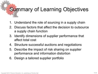 15-50Copyright ©2013 Pearson Education, Inc. publishing as Prentice Hall.
Summary of Learning Objectives
1. Understand the role of sourcing in a supply chain
2. Discuss factors that affect the decision to outsource
a supply chain function
3. Identify dimensions of supplier performance that
affect total cost
4. Structure successful auctions and negotiations
5. Describe the impact of risk sharing on supplier
performance and information distortion
6. Design a tailored supplier portfolio
 