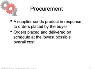 15-9Copyright ©2013 Pearson Education, Inc. publishing as Prentice Hall.
Procurement
• A supplier sends product in response
to orders placed by the buyer
• Orders placed and delivered on
schedule at the lowest possible
overall cost
 