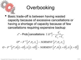 16-23Copyright ©2013 Pearson Education, Inc. publishing as Prentice Hall.
Overbooking
• Basic trade-off is between having wasted
capacity because of excessive cancellations or
having a shortage of capacity because of few
cancellations requiring expensive backup
s* = Prob cancellations £ O *( )=
Cw
Cw
+Cs
O* = F–1
s*,mc
,sc( )= NORMINV s*,mc
,sc( )
O = F–1
s*,m L +O( ),s L +O( )( )= NORMINV s*,m L +O( ),s L +O( )( )
 