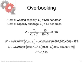 16-24Copyright ©2013 Pearson Education, Inc. publishing as Prentice Hall.
Overbooking
Cost of wasted capacity, Cw = $10 per dress
Cost of capacity shortage, Cs = $5 per dress
s* =
Cw
Cw
+Cs
=
10
10+5
= 0.667
O* = NORMINV s*,mc
,sc( )= NORMINV 0.667,800,400( )= 973
O = NORMINV 0.667,0.15, 5000+O( ),0.075 5000+O( )( )
O* =1,115
 