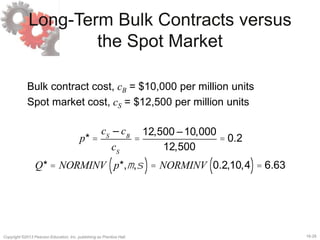 16-28Copyright ©2013 Pearson Education, Inc. publishing as Prentice Hall.
Long-Term Bulk Contracts versus
the Spot Market
Bulk contract cost, cB = $10,000 per million units
Spot market cost, cS = $12,500 per million units
p* =
cS
– cB
cS
=
12,500 –10,000
12,500
= 0.2
Q* = NORMINV p*,m,s( )= NORMINV 0.2,10,4( )= 6.63
 