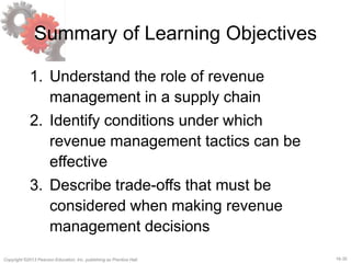 16-30Copyright ©2013 Pearson Education, Inc. publishing as Prentice Hall.
Summary of Learning Objectives
1. Understand the role of revenue
management in a supply chain
2. Identify conditions under which
revenue management tactics can be
effective
3. Describe trade-offs that must be
considered when making revenue
management decisions
 