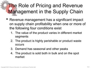 16-4Copyright ©2013 Pearson Education, Inc. publishing as Prentice Hall.
The Role of Pricing and Revenue
Management in the Supply Chain
• Revenue management has a significant impact
on supply chain profitability when one or more of
the following four conditions exist
1. The value of the product varies in different market
segments
2. The product is highly perishable or product waste
occurs
3. Demand has seasonal and other peaks
4. The product is sold both in bulk and on the spot
market
 