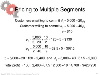 16-9Copyright ©2013 Pearson Education, Inc. publishing as Prentice Hall.
Pricing to Multiple Segments
Customers unwilling to commit d1
= 5,000 – 20p1
Customer willing to commit d2
= 5,000 – 40p1
c = $10
p1
=
5,000
2´ 20
+
10
2
=125+ 5 = $130
p2
=
5,000
2´ 40
+
10
2
= 62.5+5 = $67.5
d1
= 5,000 – 20´130 = 2,400 and d2
= 5,000 – 40´ 67.5 = 2,300
Total profit =130´2,400+ 67.5´2,300 –10´ 4,700 = $420,250
 