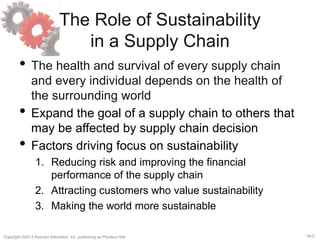 18-3Copyright ©2013 Pearson Education, Inc. publishing as Prentice Hall.
The Role of Sustainability
in a Supply Chain
• The health and survival of every supply chain
and every individual depends on the health of
the surrounding world
• Expand the goal of a supply chain to others that
may be affected by supply chain decision
• Factors driving focus on sustainability
1. Reducing risk and improving the financial
performance of the supply chain
2. Attracting customers who value sustainability
3. Making the world more sustainable
 