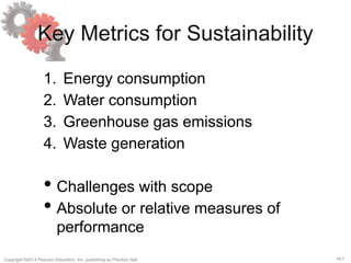 18-7Copyright ©2013 Pearson Education, Inc. publishing as Prentice Hall.
Key Metrics for Sustainability
1. Energy consumption
2. Water consumption
3. Greenhouse gas emissions
4. Waste generation
• Challenges with scope
• Absolute or relative measures of
performance
 