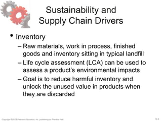 18-9Copyright ©2013 Pearson Education, Inc. publishing as Prentice Hall.
Sustainability and
Supply Chain Drivers
• Inventory
– Raw materials, work in process, finished
goods and inventory sitting in typical landfill
– Life cycle assessment (LCA) can be used to
assess a product’s environmental impacts
– Goal is to reduce harmful inventory and
unlock the unused value in products when
they are discarded
 