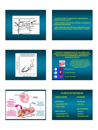 - secreção de ADH ou vasopressina, estimulada pela
                                                                          queda da volemia e da PA

                                                                          - efeito inotrópico vascular, por estimular a contração da
                                                                          musculatura lisa vascular

                                                                          - efeito antidiurético por estimular a reabsorção de água
                                                                          (abertura de canais de água no túbulo distal e coletor)




                                                                            EFEITOS DA ADMINISTRAÇÃO DE SOLUÇÕES COM
                                                                          DIFERENTES TONICIDADES SOBRE O TRANSPORTE DE
                                                                             ÁGUA ATRAVÉS DE MEMBRANAS BIOLÓGICAS E
                                                                                        ENDOTÉLIO CAPILAR
                                                                                                      DIFERENÇAS DE OSMOLARIDADE
                                                                                                    PRODUZEM DESLOCAMENTO DE ÁGUA
                                                                                                    ENTRE COMPARTIMENTOS (OSMOSE),
                                                                                                    CONTUDO ESSE EFEITO É OBSERVADO
                                                                                                    SE O SOLUTO PRESENTE NA SOLUÇÃO
                                                                                                      NÃO FOR DIFUSÍVEL ATRAVÉS DA
                                                                                                          MEMBRANA EM QUESTÃO
                                                                                         → SOLUÇÃO ISOTÔNICA



                                                                                         → SOLUÇÃO HIPOTÔNICA


                                                                                         → SOLUÇÃO HIPERTÔNICA




                               CITOPLASMA

                                                                                     FLUÍDOS DE REPOSIÇÃO
                 NÚCLEO

                                                   MEMBRANA
                                                  PLASMÁTICA
                                                                           CRISTALÓIDES                          COLÓIDES
   INTERSTÍCIO


  REPOSIÇÃO                                                                ISOTÔNICAS                            PROTÊICOS
VOLÊMICA COM                                               REPOSIÇÃO
                                                            VOLÊMICA
   SOLUÇÃO                                                                 - solução NaCl 0,9%                   - albumina
                                                          COM SOLUÇÃO
ISOTÔNICA OU                                              HIPERTÔNICA
  ALBUMINA                                                                 - ringer lactato
                              HEMÁCIA
                   PLASMA                                                                                        NÃO PROTÉICOS
   A ÁGUA SE
DISTRIBUI PARA
                                                          TRANSLOCAÇÃO     HIPERTÔNICAS                          - dextrans
                                                            DE ÁGUA DO
O INTERSTÍCIO,                                              INTERSTÍCIO
COM POTENCIAL                                 ENDOTÉLIO   PARA O ESPAÇO
                                                                           - solução NaCl 7,5%                   - gelatinas
                                               CAPILAR
RISCO DE EDEMA                                            INTRAVASCULAR
                                   GLÓBULO BANCO                           - solução NaAc 10,5%                  - hidroxietil amido
                            PLAQUETA
 
