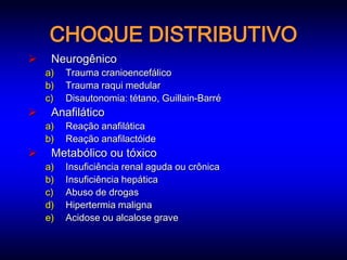 CHOQUE DISTRIBUTIVO
    Neurogênico
    a)   Trauma cranioencefálico
    b)   Trauma raqui medular
    c)   Disautonomia: tétano, Guillain-Barré
    Anafilático
    a)   Reação anafilática
    b)   Reação anafilactóide
    Metabólico ou tóxico
    a)   Insuficiência renal aguda ou crônica
    b)   Insuficiência hepática
    c)   Abuso de drogas
    d)   Hipertermia maligna
    e)   Acidose ou alcalose grave
 